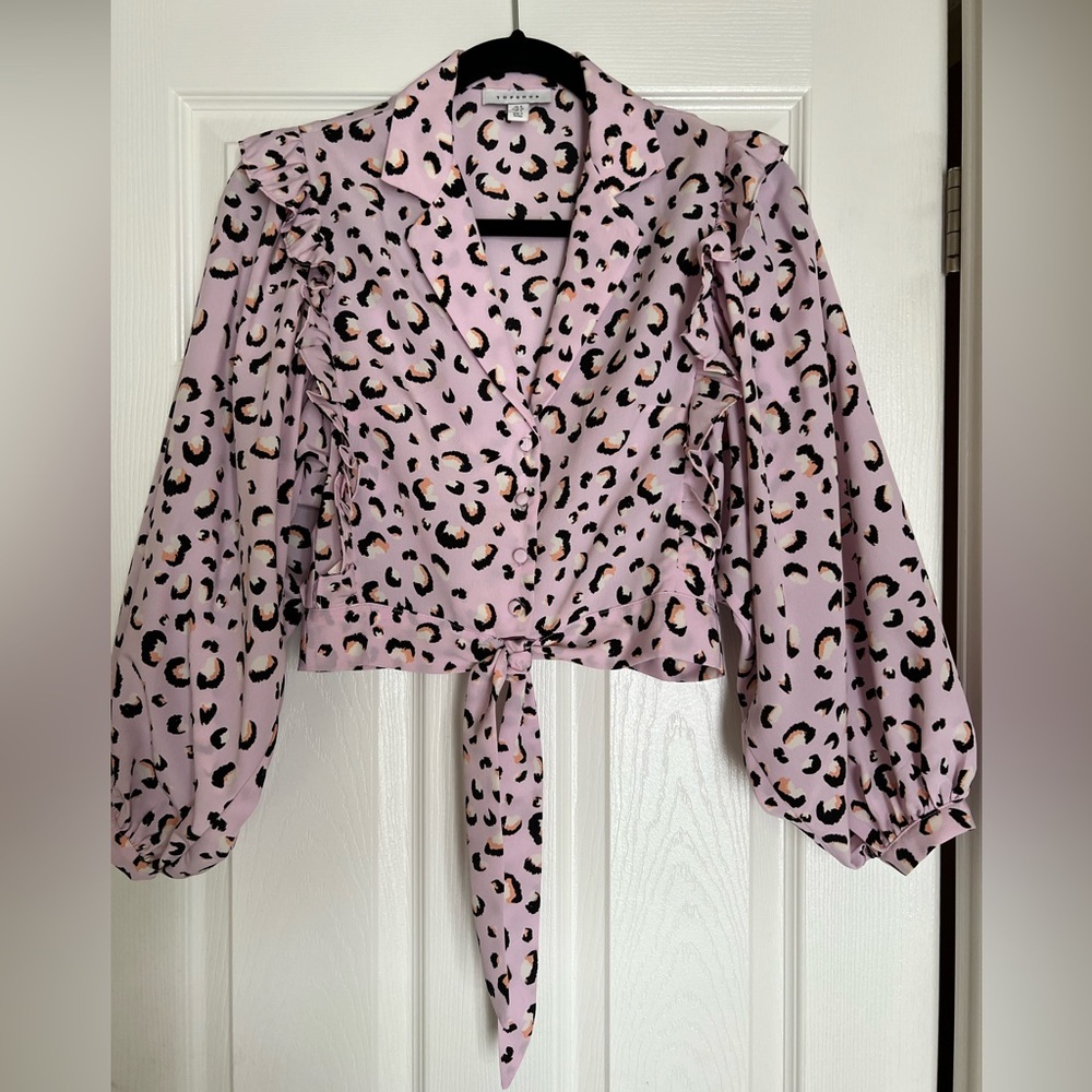 Topshop Pink Animal Print Balloon Sleeve Cropped Blouse Size 4